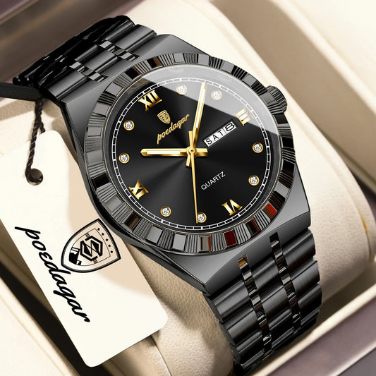 POEDAGAR Business Male Watches Waterproof Luminous Week Date Fashion Men's Wristwatch Stainless Steel Quartz Watch For Men Reloj