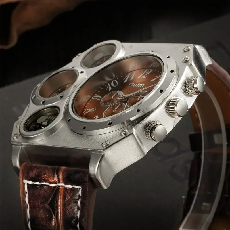 Oulm 1349 Unique Designer Brand Men's Sports Watch Two Time Zone Quartz Watches Big Dial Military Leather Band Wristwatch