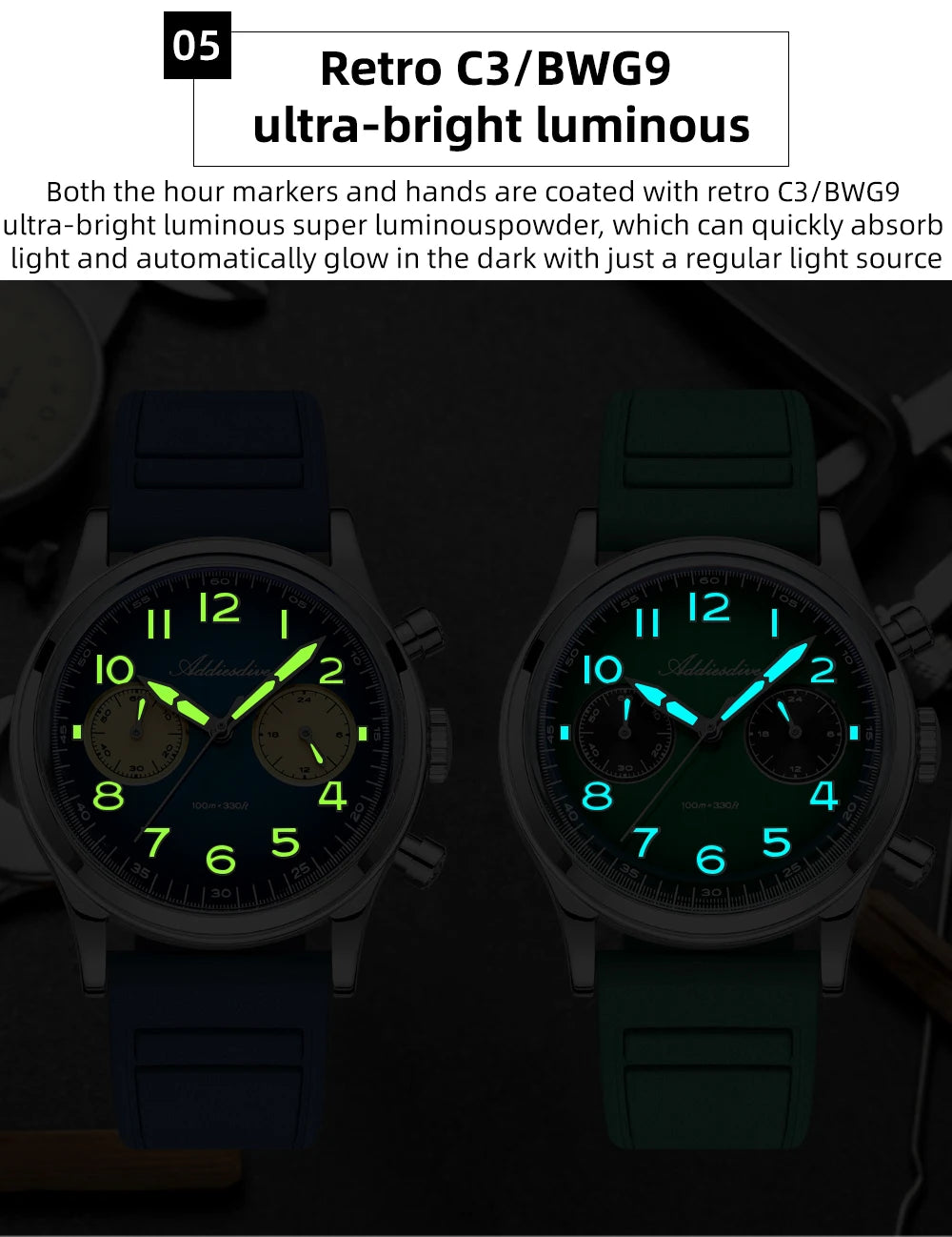 ADDIESDIVE Top Brand Man Watch 10Bar Waterproof AD2516 Super Luminous Bubble Mirror Glass VK64 Chronograph Quartz Steel Watch