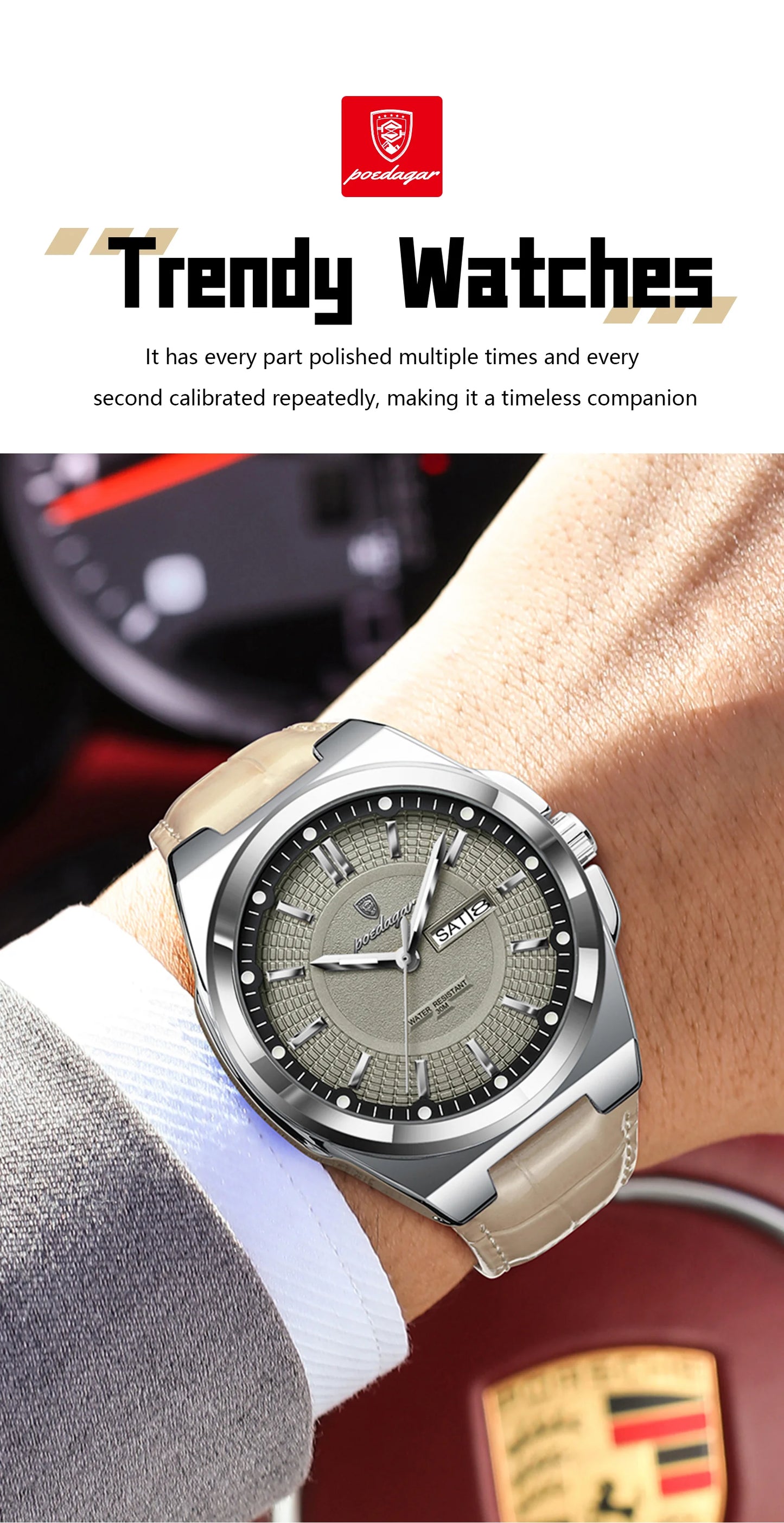 POEDAGAR High Quality Fashion Man Wristwatch Waterproof Luminous Date Week Business Quartz Men's Watches Leather Men Watch Reloj
