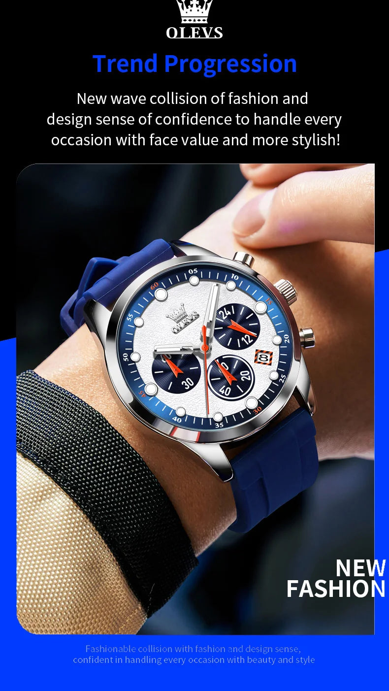 OLEVS 5602 Mens Watch Original Fashion Bright Colors Silicone Strap Quartz Wristwatch Waterproof Luminous Reloj Chronograph Date