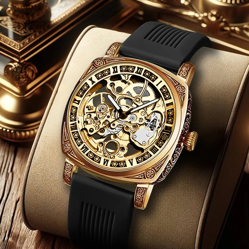 A men's yellow and black casual fashion mechanical watch with exquisite engraved hollow pattern
