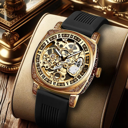 A men's yellow and black casual fashion mechanical watch with exquisite engraved hollow pattern