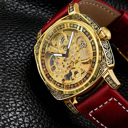A men's yellow and red casual fashion mechanical watch with finely embossed PU leather