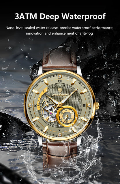 POEDAGAR Military Sport Man Watch Waterproof Luminous Hollow Tourbillon Men Clock Automatic Mechanical Leather Men's Watches+Box