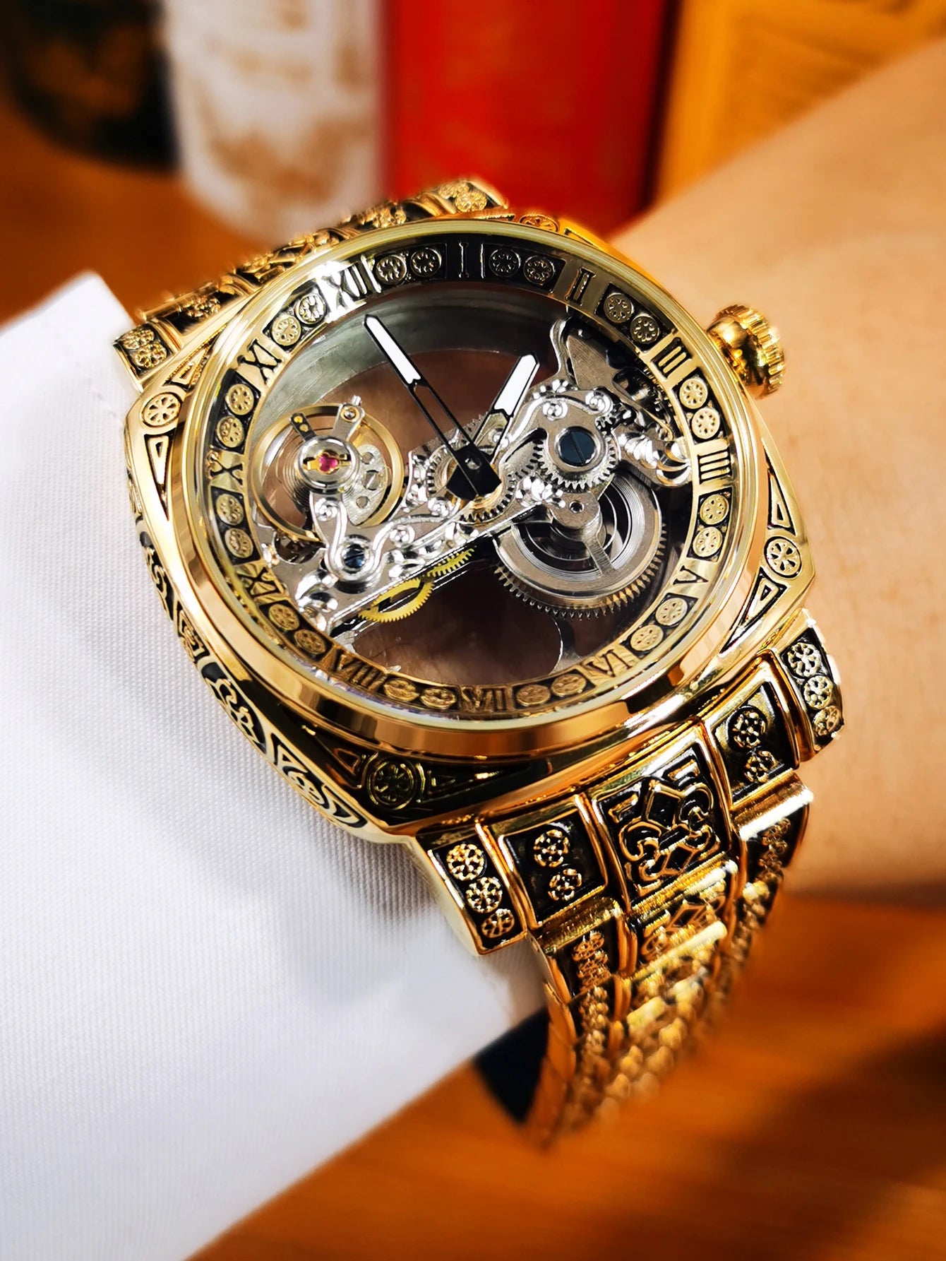 Forsining Vintage Square Skeleton Automatic Mechanical Watch for Men Engraved Case Steel Leather Strap Business Mens Watches
