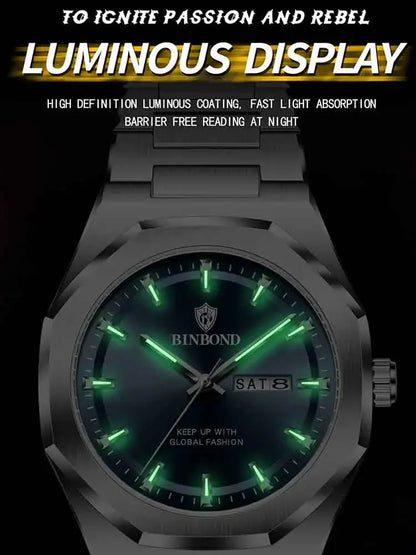 BINBOND Fashionable Men's Quartz Watch Dual Calendar Night Light Waterproof Trend Casual Business Sports Male Quartz Wristwatch