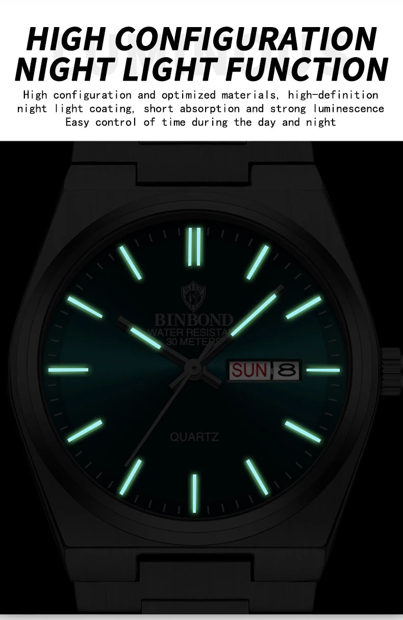 BINBOND Men's Fashion Business Watch Quartz Movement Stainless Steel Buckle Waterproof Luminous Calendar Leisure Watch
