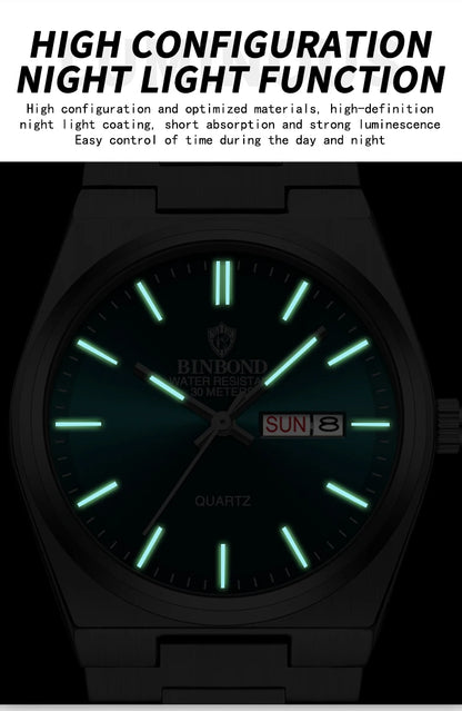 BINBOND Men's Fashion Business Watch Quartz Movement Stainless Steel Buckle Waterproof Luminous Calendar Leisure Watch
