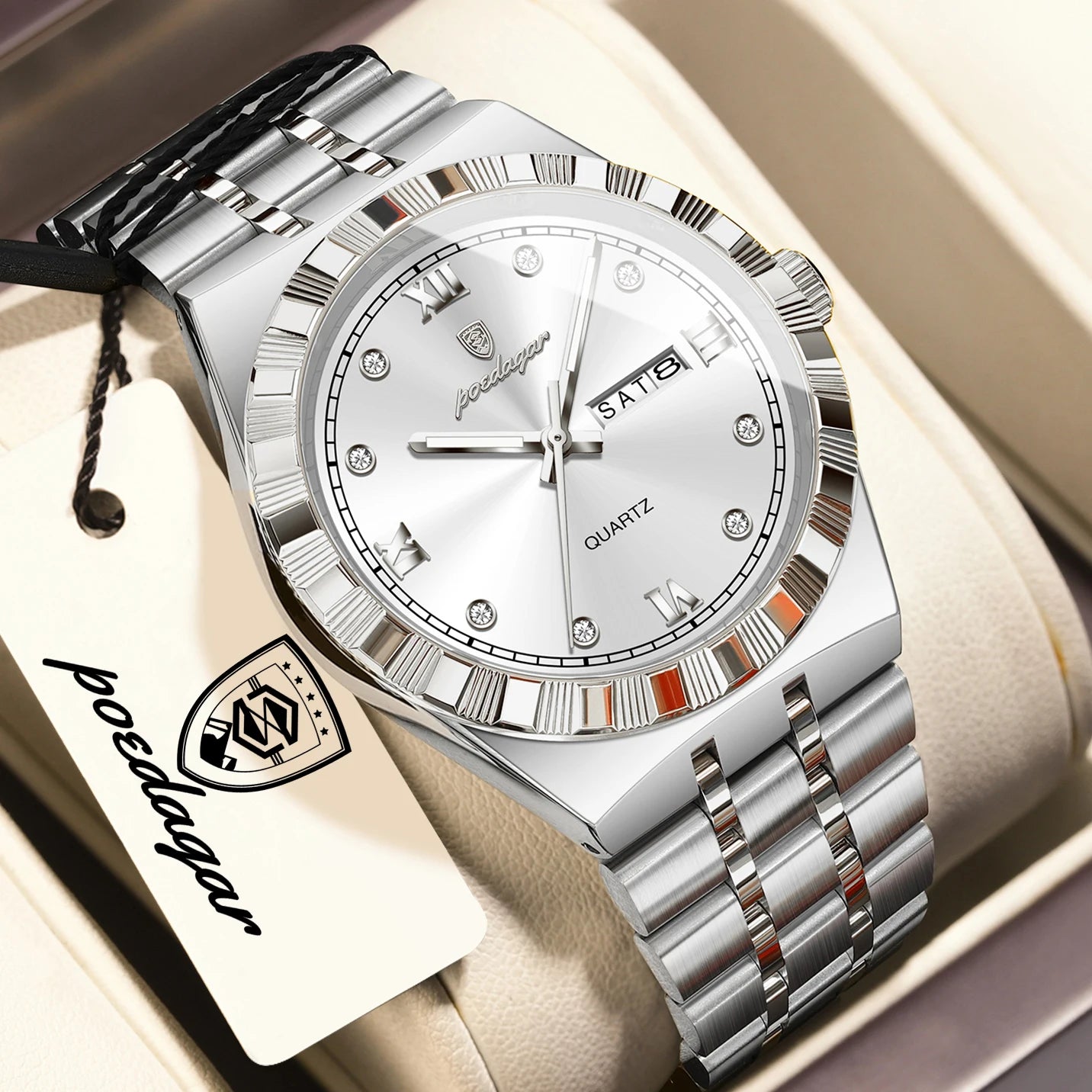 POEDAGAR Business Male Watches Waterproof Luminous Week Date Fashion Men's Wristwatch Stainless Steel Quartz Watch For Men Reloj