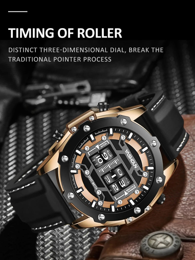 YASHIDUN Men Quartz Watch Roller Digital Dial Design Silicone Strap Versatile Wristwatch Clock Waterproof Military Sports Clock