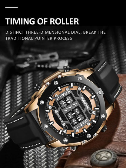 YASHIDUN Men Quartz Watch Roller Digital Dial Design Silicone Strap Versatile Wristwatch Clock Waterproof Military Sports Clock