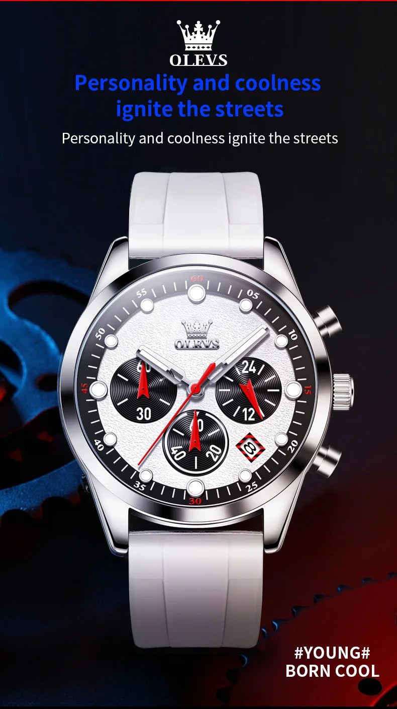 OLEVS 5602 Mens Watch Original Fashion Bright Colors Silicone Strap Quartz Wristwatch Waterproof Luminous Reloj Chronograph Date