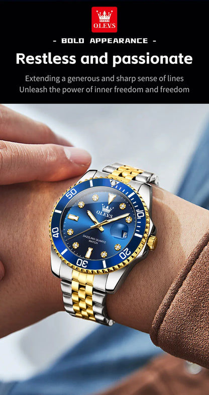 OLEVS 9809 Men Watch Original Brand Waterproof Quartz Watch Stainless Steel Strap Automatic Date  Sports Watch Mens Gifts Box