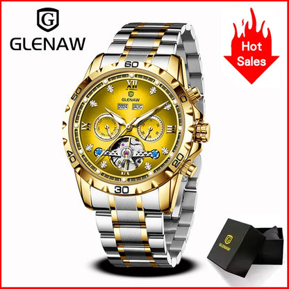 GLENAW NEW Year Month Sunday Multi-functional Mechanical Watch Men luxury Stainless Steel Waterproof Automatic watch steel strip