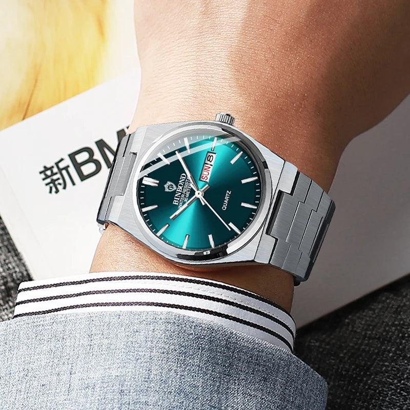 BINBOND Men's Fashion Business Watch Quartz Movement Stainless Steel Buckle Waterproof Luminous Calendar Leisure Watch