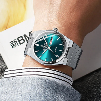 BINBOND Men's Fashion Business Watch Quartz Movement Stainless Steel Buckle Waterproof Luminous Calendar Leisure Watch