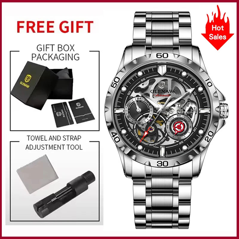 2025 New GLENAW Design Luxury Mechanical Watch Men Stainless Steel Strap Night Light 24-hour Display Waterproof Automatic Watch