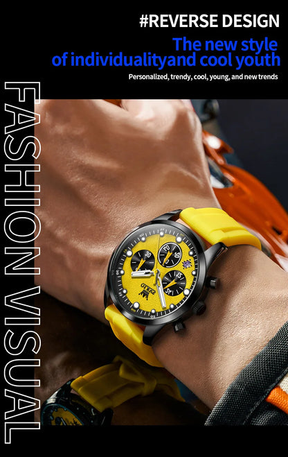 OLEVS 5602 Mens Watch Original Fashion Bright Colors Silicone Strap Quartz Wristwatch Waterproof Luminous Reloj Chronograph Date