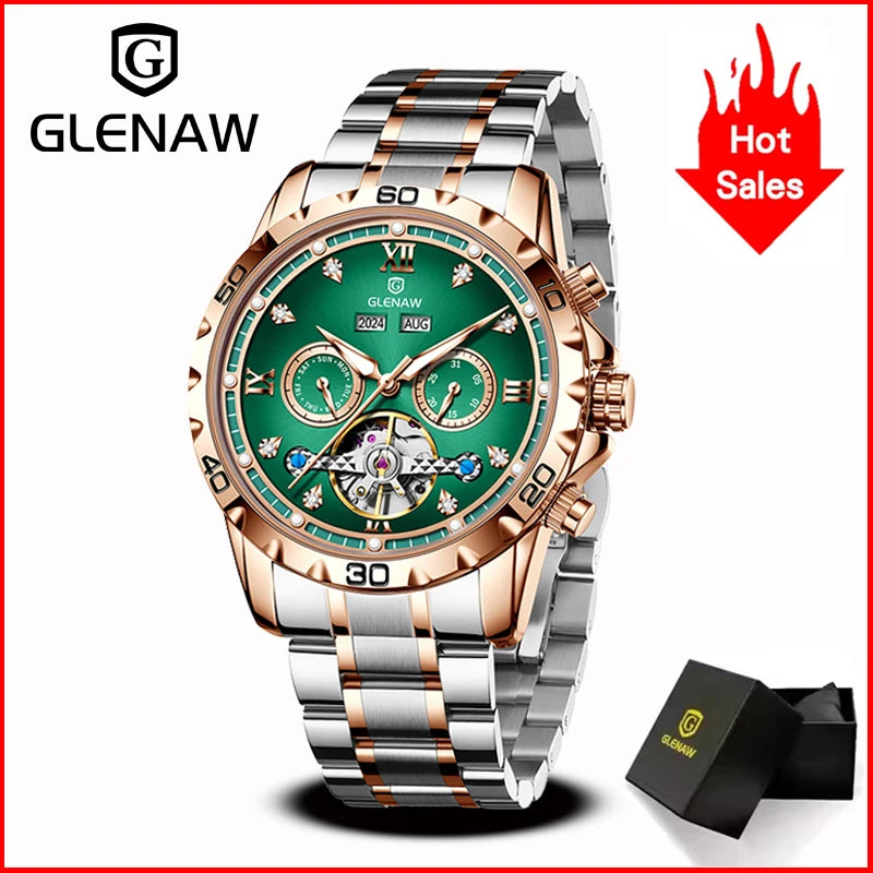 GLENAW NEW Year Month Sunday Multi-functional Mechanical Watch Men luxury Stainless Steel Waterproof Automatic watch steel strip