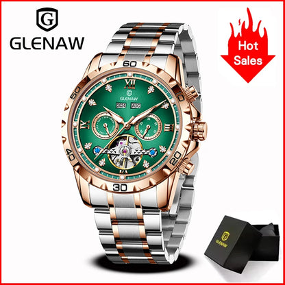 GLENAW NEW Year Month Sunday Multi-functional Mechanical Watch Men luxury Stainless Steel Waterproof Automatic watch steel strip