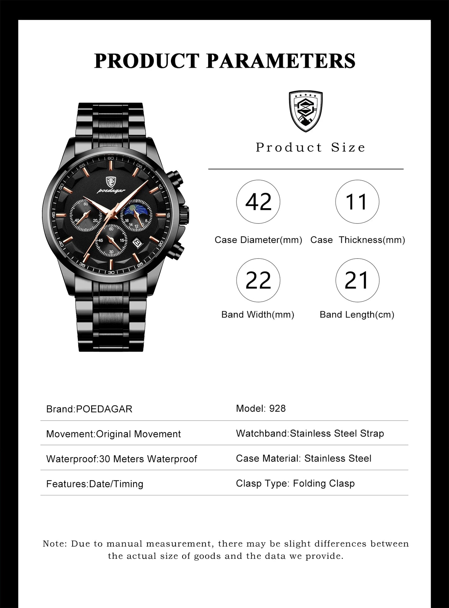 POEDAGAR Top Business Men's Watches Waterproof Luminous Stainless Steel Fashion Men Wristwatch Chronograph Date Man Quartz Watch