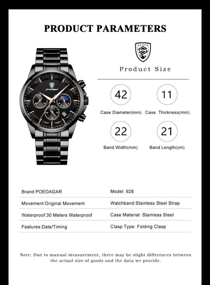 POEDAGAR Top Business Men's Watches Waterproof Luminous Stainless Steel Fashion Men Wristwatch Chronograph Date Man Quartz Watch