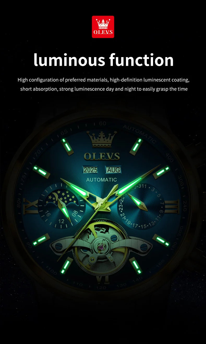 OLEVS 6740 Skeleton Flywheel Artistic Multifunctional Dials High Definition Translucent Coated Mirror Luminous Men's Watch