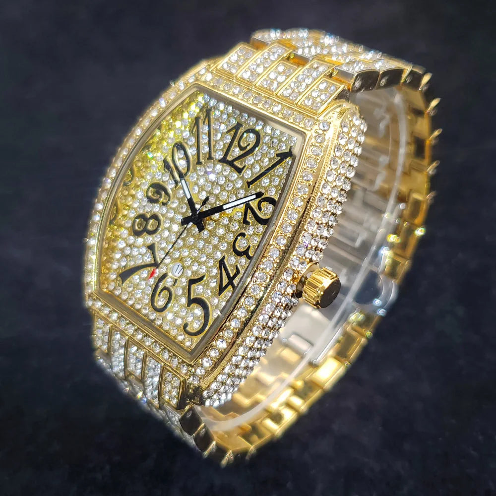 1pcs Quartz Men's Watch Luxury Fashion Wristwatch Hip-Hop Street Style Full Diamond Tonneau Date Watches for Party Accessory