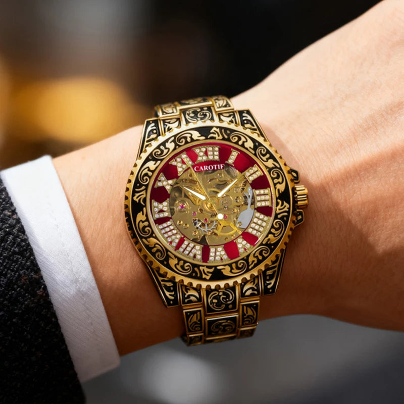 A men's black and red vintage luxury-style fully automatic mechanical watch with exquisite engravings