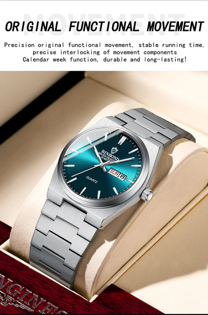 BINBOND Men's Fashion Business Watch Quartz Movement Stainless Steel Buckle Waterproof Luminous Calendar Leisure Watch