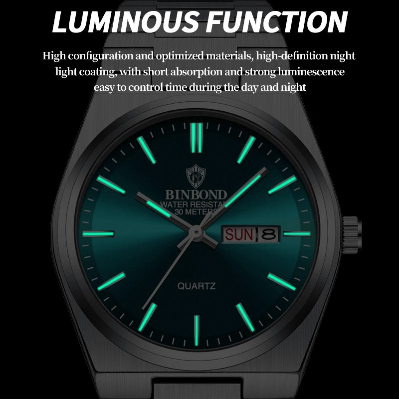 BINBOND Men's Fashion Business Watch Quartz Movement Stainless Steel Buckle Waterproof Luminous Calendar Leisure Watch