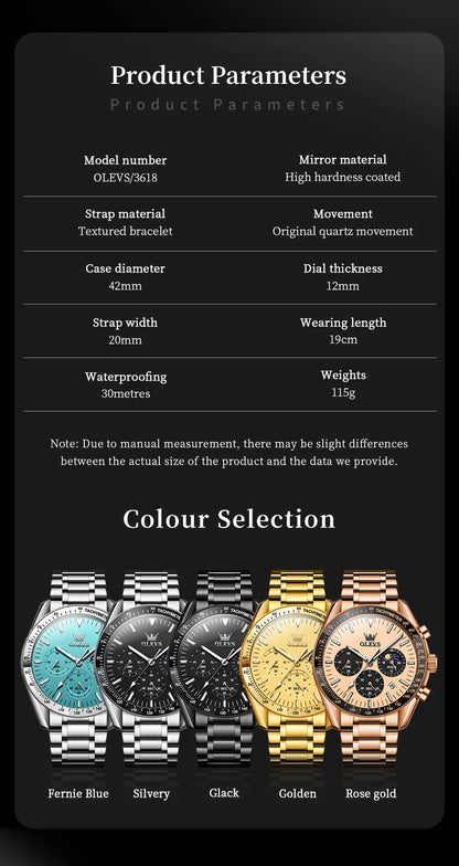 OLEVS Original Quartz Man Watch Stainless Steel Moon Phase Waterproof Chronograph Men's Wristwatches Auto Date Hand Clock 3618