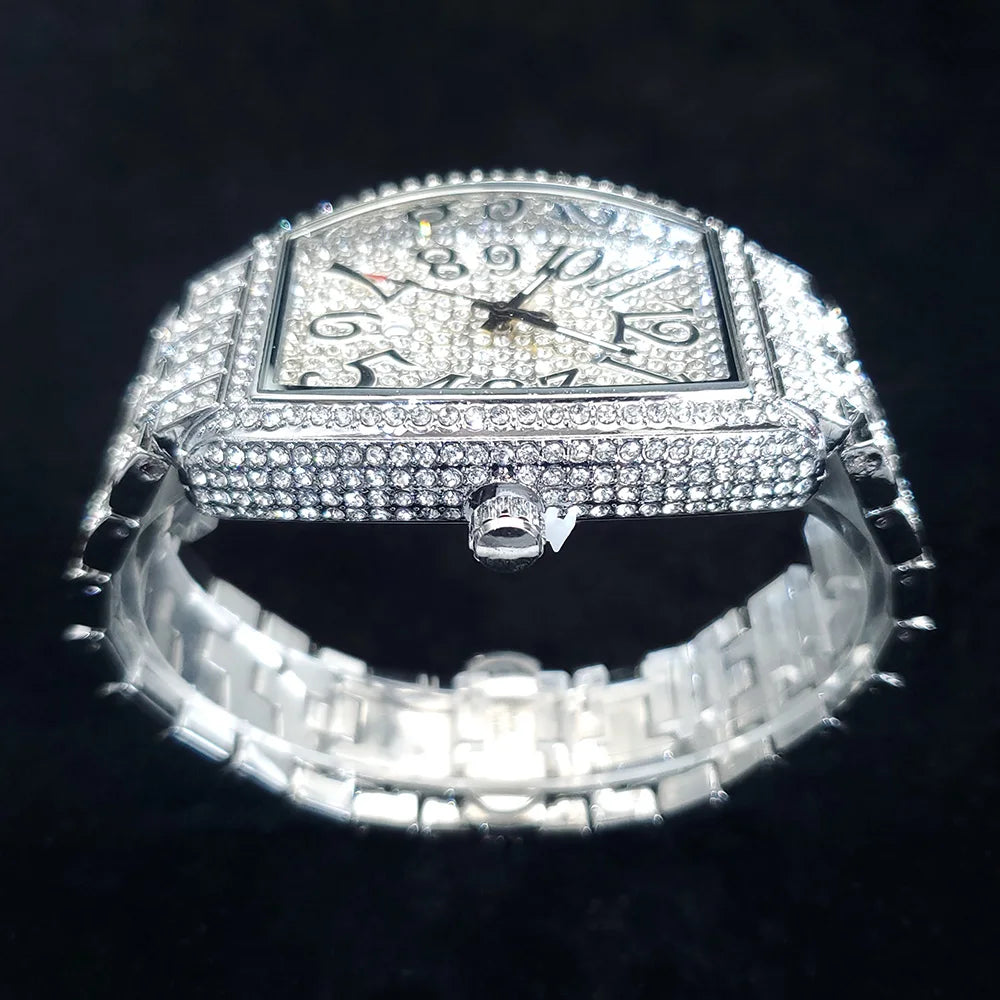 1pcs Quartz Men's Watch Luxury Fashion Wristwatch Hip-Hop Street Style Full Diamond Tonneau Date Watches for Party Accessory