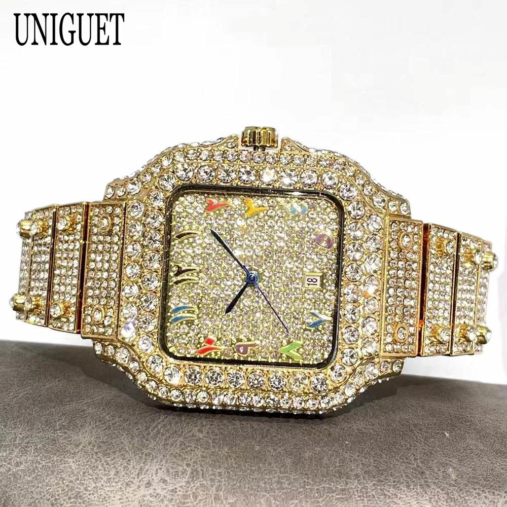 2026 New Luxury Diamond Watch Men Fashion Iced Out Square Colorful Number Watches Hip Hop Bling Jewelry Reloj Hombre for Gift