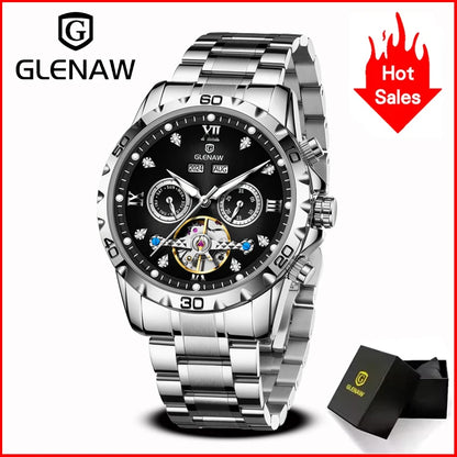 GLENAW NEW Year Month Sunday Multi-functional Mechanical Watch Men luxury Stainless Steel Waterproof Automatic watch steel strip