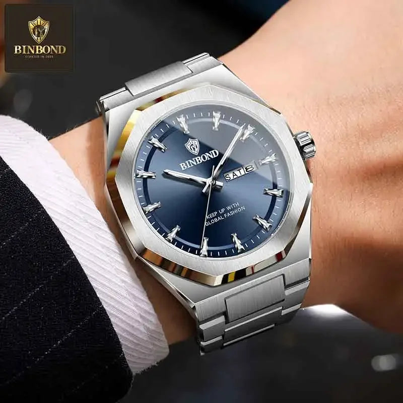 BINBOND Fashionable Men's Quartz Watch Dual Calendar Night Light Waterproof Trend Casual Business Sports Male Quartz Wristwatch
