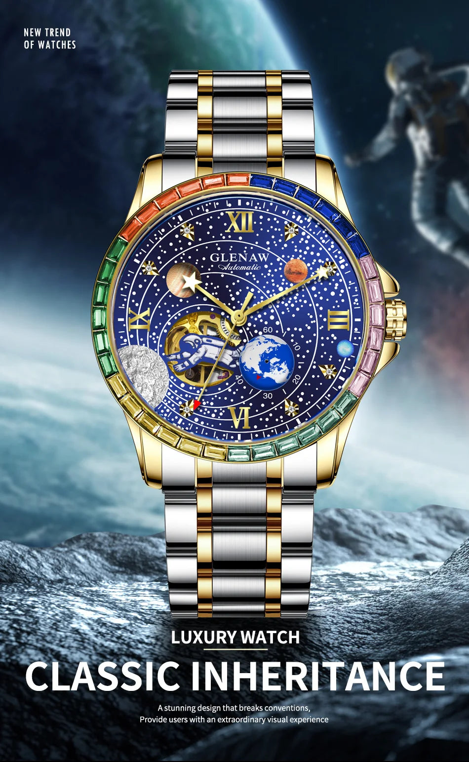 New GLENAW Rotating Earth Mechanical Watch Men Space astronaut dial Night Light Waterproof Stainless Steel Strap Automatic Watch