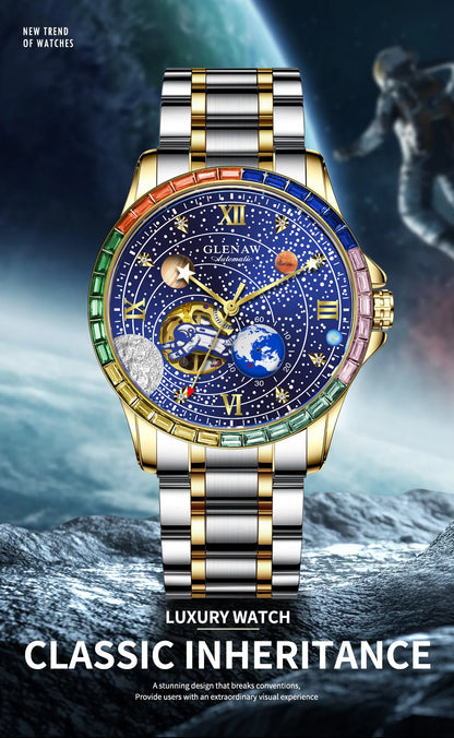 New GLENAW Rotating Earth Mechanical Watch Men Space astronaut dial Night Light Waterproof Stainless Steel Strap Automatic Watch