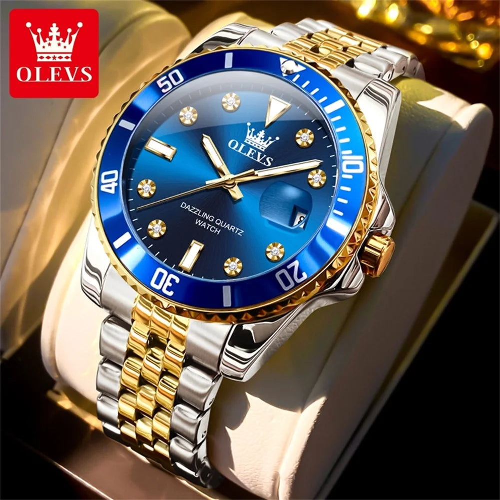 OLEVS 9809 Men Watch Original Brand Waterproof Quartz Watch Stainless Steel Strap Automatic Date  Sports Watch Mens Gifts Box