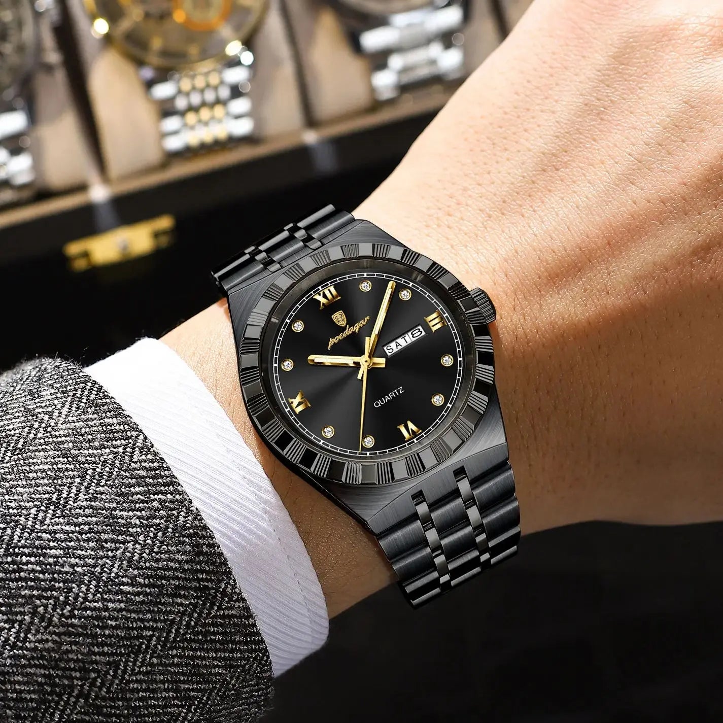 POEDAGAR Business Male Watches Waterproof Luminous Week Date Fashion Men's Wristwatch Stainless Steel Quartz Watch For Men Reloj