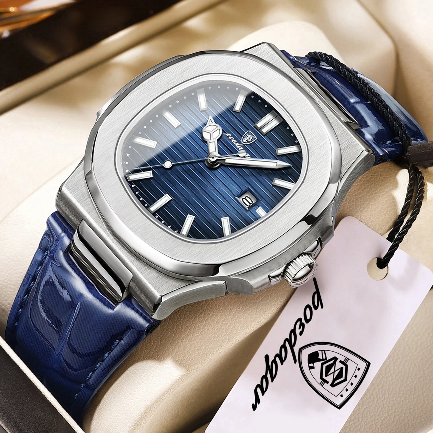 POEDAGAR Top Square Man Watch Date Waterproof Luminous Luxury Men Wristwatch High Quality Leather Men's Quartz Watches+Box Reloj