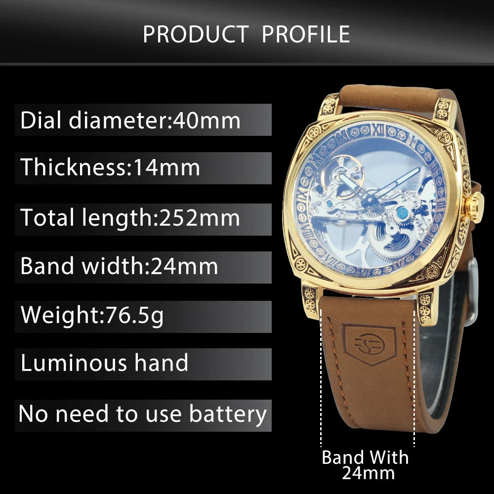 Forsining Vintage Square Skeleton Automatic Mechanical Watch for Men Engraved Case Steel Leather Strap Business Mens Watches