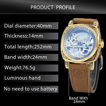 Forsining Vintage Square Skeleton Automatic Mechanical Watch for Men Engraved Case Steel Leather Strap Business Mens Watches