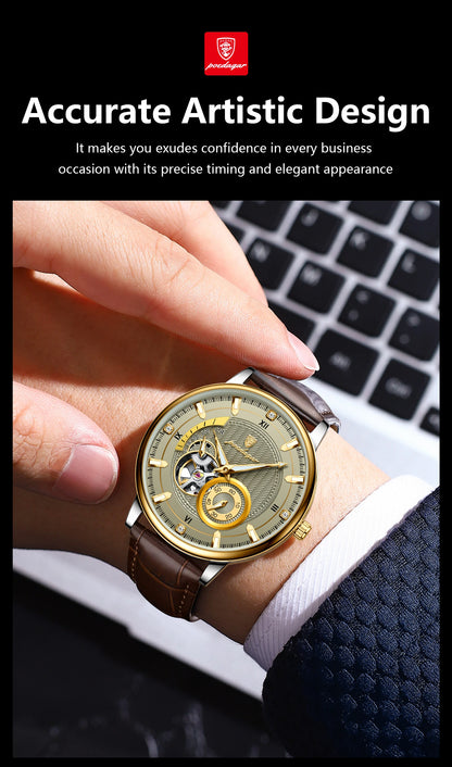 POEDAGAR Military Sport Man Watch Waterproof Luminous Hollow Tourbillon Men Clock Automatic Mechanical Leather Men's Watches+Box