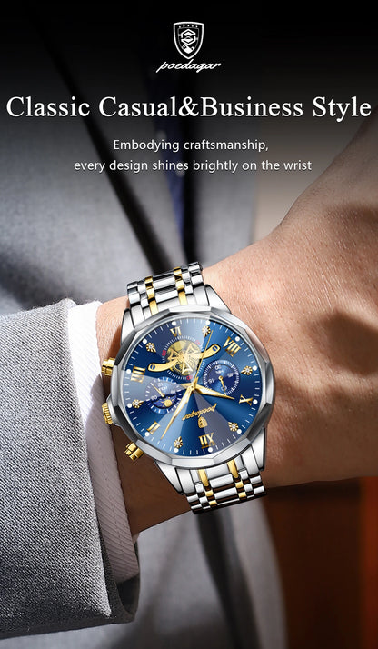 POEDAGAR Exquisite Business Men Watch Waterproof Luminous Chronograph Luxury Man Watches Stainless Steel Men's Quartz Wristwatch