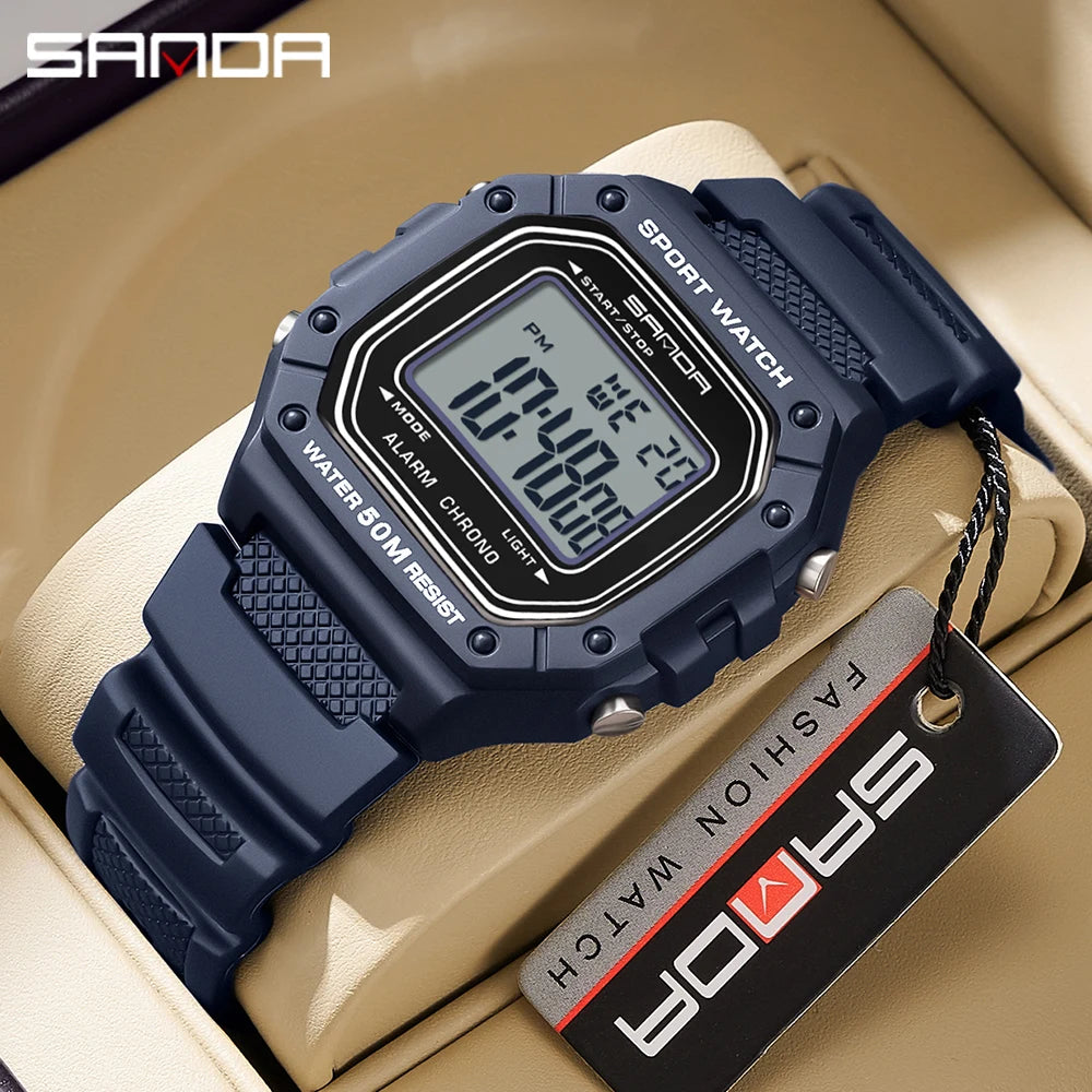 SANDA Fashion 2156 Men's Electronic Watch Movement Rectangular Sports Waterproof LED Display Screen Dial Men's Electronic Watch