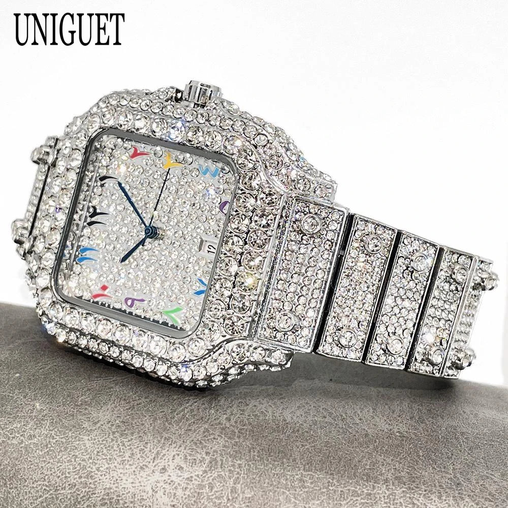 2026 New Luxury Diamond Watch Men Fashion Iced Out Square Colorful Number Watches Hip Hop Bling Jewelry Reloj Hombre for Gift
