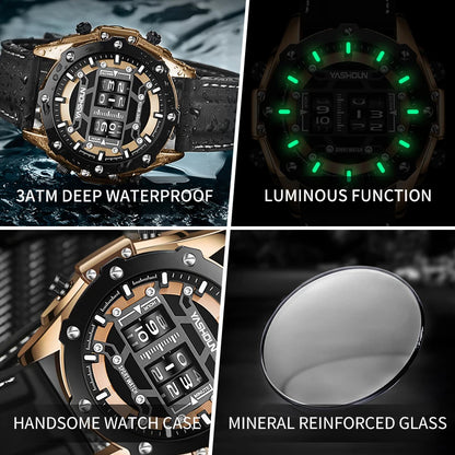 YASHIDUN Men Quartz Watch Roller Digital Dial Design Silicone Strap Versatile Wristwatch Clock Waterproof Military Sports Clock