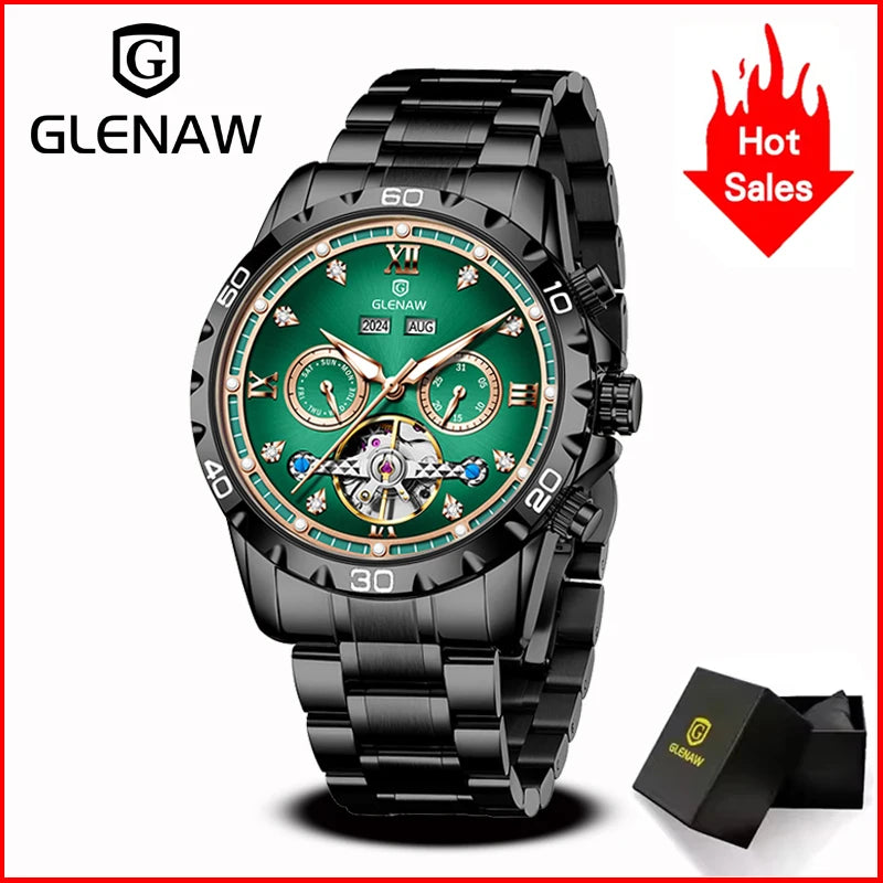 GLENAW NEW Year Month Sunday Multi-functional Mechanical Watch Men luxury Stainless Steel Waterproof Automatic watch steel strip